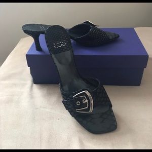 Stuart Weitzman Black Patterned Sandals with Silver Buckle